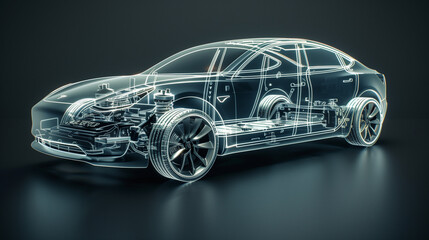 A line art 3D illustration displays a modern electric car chassis x-ray, revealing the vehicle battery in a studio environment.