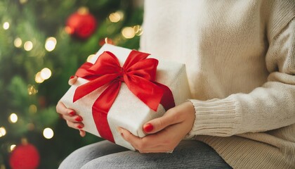 female holding present with red ribbon