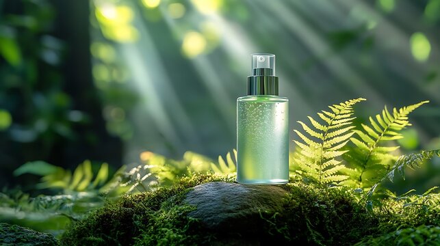 Natural Spray Bottle with Fern and Sunlight in Forest
