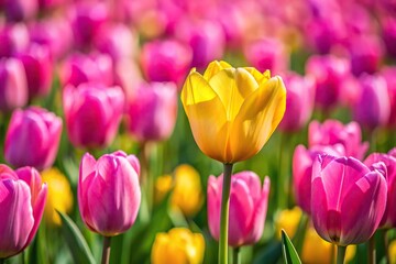 Obraz premium vibrant yellow tulip against pink tulips background