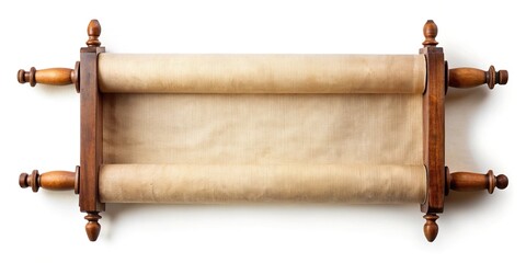 Obraz premium Vintage blank scroll, wooden handles, wide-angle, isolated, white background