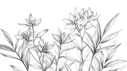 Botanical line art on white background black flowers plants
