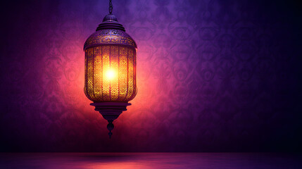 Obraz premium Luminous lantern on purple background with copy space.