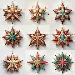 Obraz premium Nine ornate star-shaped Christmas decorations in red, green and gold with intricate designs.