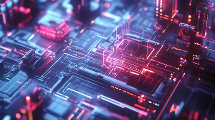 Obraz premium Futuristic Circuit Technology: Abstract Digital Design with Neon Lines and Glowing Patterns for Engineers in Electronics and AI Visualization, Cybersecurity, and 3D Aesthetic Innovation