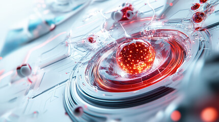 Innovative Digital Technology: Futuristic Abstract Science Graphics in Detailed 3D Rendering of Glowing Red Molecular Structures and Energy Particles with Dynamic Visual Patterns and Aesthetic Design