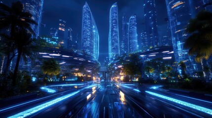 Fototapeta premium A futuristic city at night is illuminated by clean energy and bioluminescent trees, blending nature and technology seamlessly