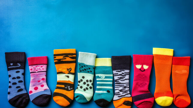 Colorful Socks Lined Up On A Blue Background. Bright, Fun, And Happy. Perfect For A Playful And Casual Style.