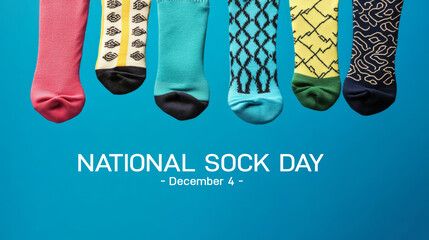 Fototapeta premium National Sock Day - December 4 - Colorful Socks Hanging On Blue Background.