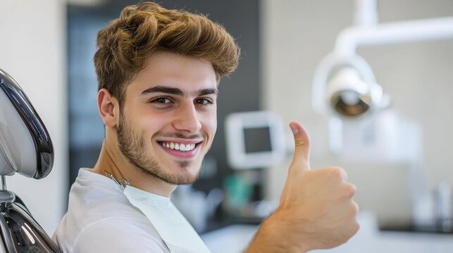 Smiling young man giving thumbs up in a dental clinic