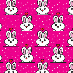 Cute rabbit bunny  seamless pattern in pink background with love hearts doodle funny for high quality vector prints wallpaper textile fashion children