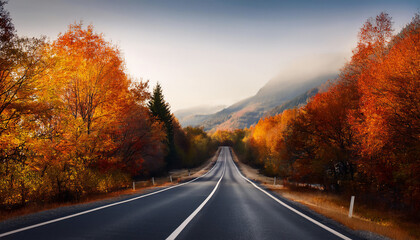 Fototapeta premium A long road lined with trees on both sides, set against an autumnal landscape.