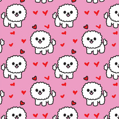 Cute poodle dog doggy animal seamless pattern in pink background with love hearts doodle funny for high quality vector prints wallpaper textile fashion children