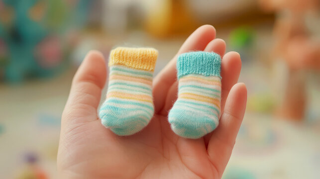 Tiny Baby Socks In A Hand. Perfect For Newborn Photography, Baby Shower Invitations, Or Cute Baby Apparel Designs.