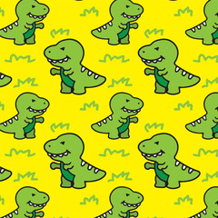 Cute dino dinosaur seamless pattern in yellow background with green grass doodle funny for high quality vector prints wallpaper textile fashion children