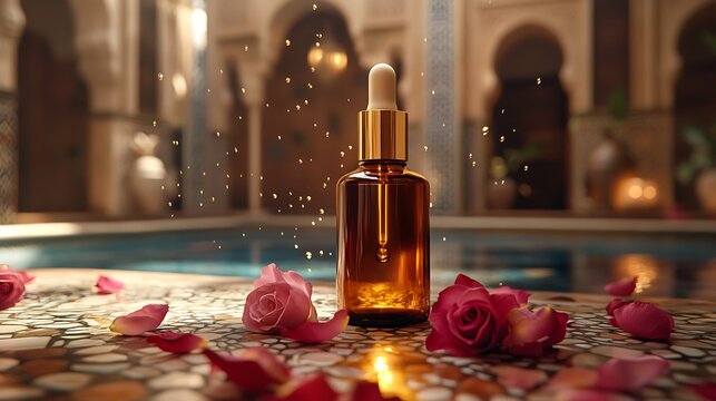 Rose Essential Oil Bottle with Rose Petals and a Pool in the Background