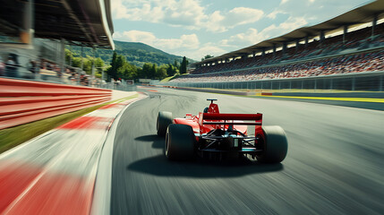Driver races red formula one car on winding racetrack. Grandstands in background blur of motion