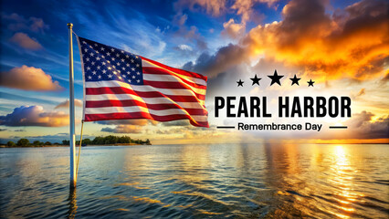 American Flag Waving Against A Dramatic Sunset Sky, Commemorating Pearl Harbor Remembrance Day.