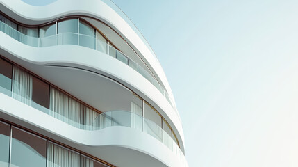 Fototapeta premium Modern Architectural Design of a Luxurious Building with Curves and Glass Facade, Featuring a Serene Skyline and Aesthetic Perspectives in Urban Environment, Celebrating Minimalism and Light