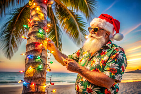Santa Claus Decorates A Palm Tree With Christmas Lights On A Tropical Beach. He'S Wearing A Hawaiian Shirt And Sunglasses.