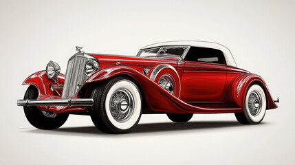 Fototapeta premium Vintage Car Elegance: A Classic Red Convertible with Chrome Wheels and Whitewalls, Combining Retro Design and Sophisticated Craftsmanship for Automotive Art and Timeless Appeal