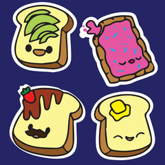 Food icons set bread toast with butter strawberry syrup butter cracker pink cream sticker cartoon character high quality vector for prints children cute adorable