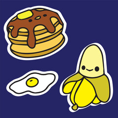 food icons set pancake with butter chocolate syrup banana and egg sticker cartoon set high quality vector for prints children cute adorable