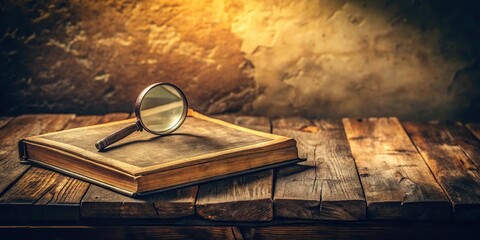 Vintage table with book and magnifying glass on antique literature background