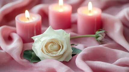 A love-themed arrangement with a white rose and pink candles on a soft fabric background. Focus point. No people. No logo.