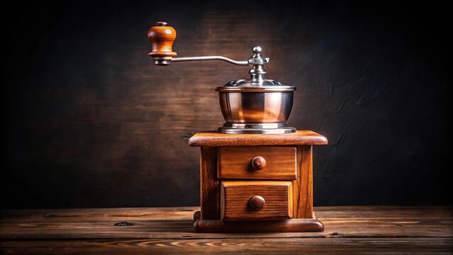 Vintage wooden coffee grinder with handle against black background showcasing antique kitchen tool craftsmanship and rustic charm