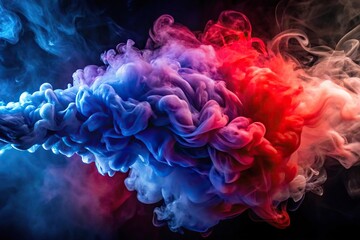 Vivid cobalt and ruby smoke creating captivating patterns on dark background