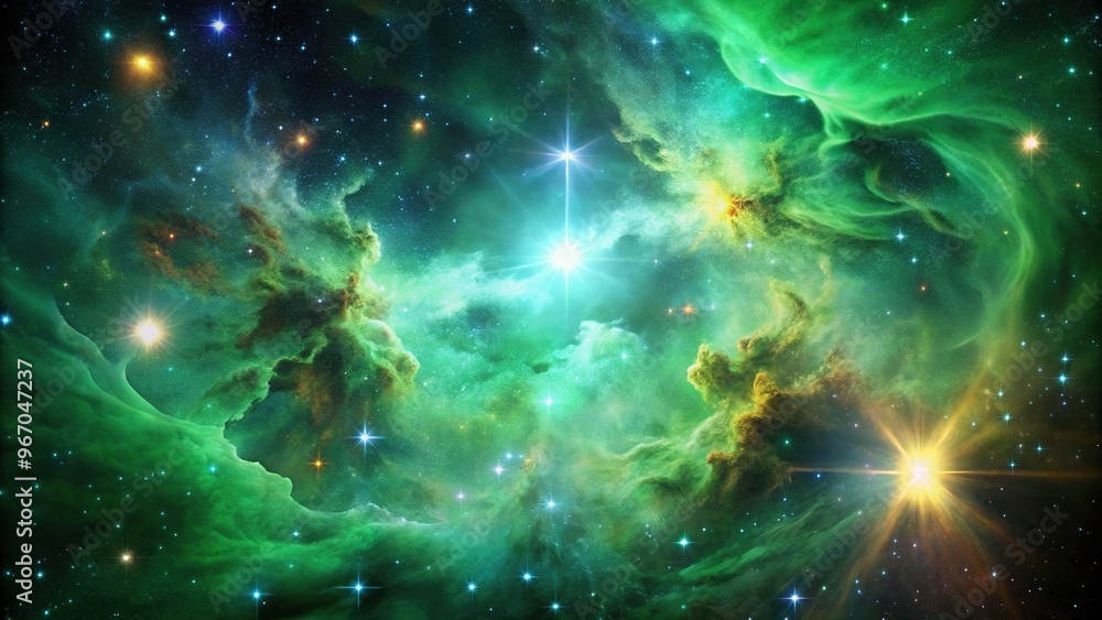 Wall mural vivid green nebula in deep space with starry background illustrating the wonders of the universe