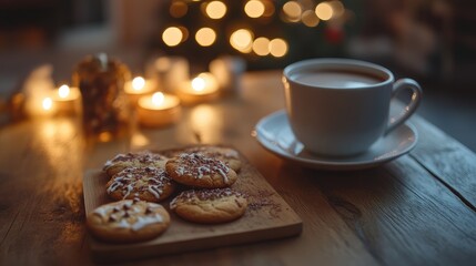 Christmas cookies and hot chocolate placed on a wooden table, with soft candlelight in the background. Focal point. No people. No logo.