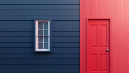 Fototapeta premium A dark blue house on one side and a red door on the other