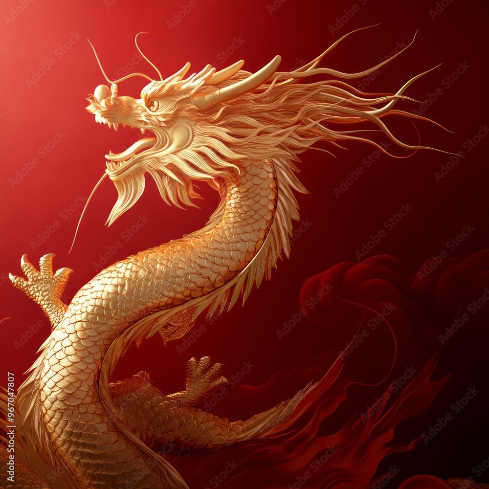 Sticker A golden dragon with scales and claws, set against a red background, represents power and strength.