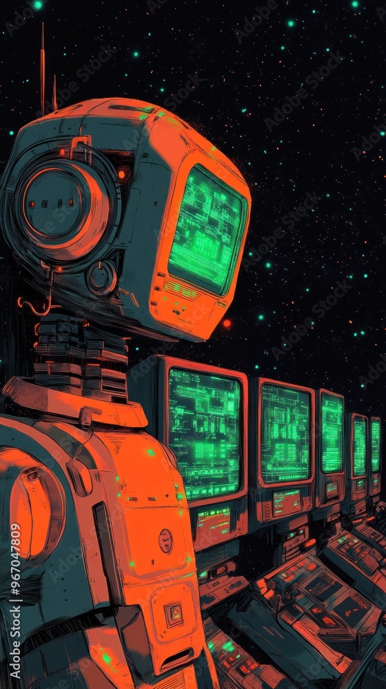 Poster a retro futuristic robot with a green screen in space