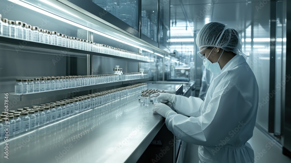Poster a scientist in a lab coat inspecting vials on a shelf