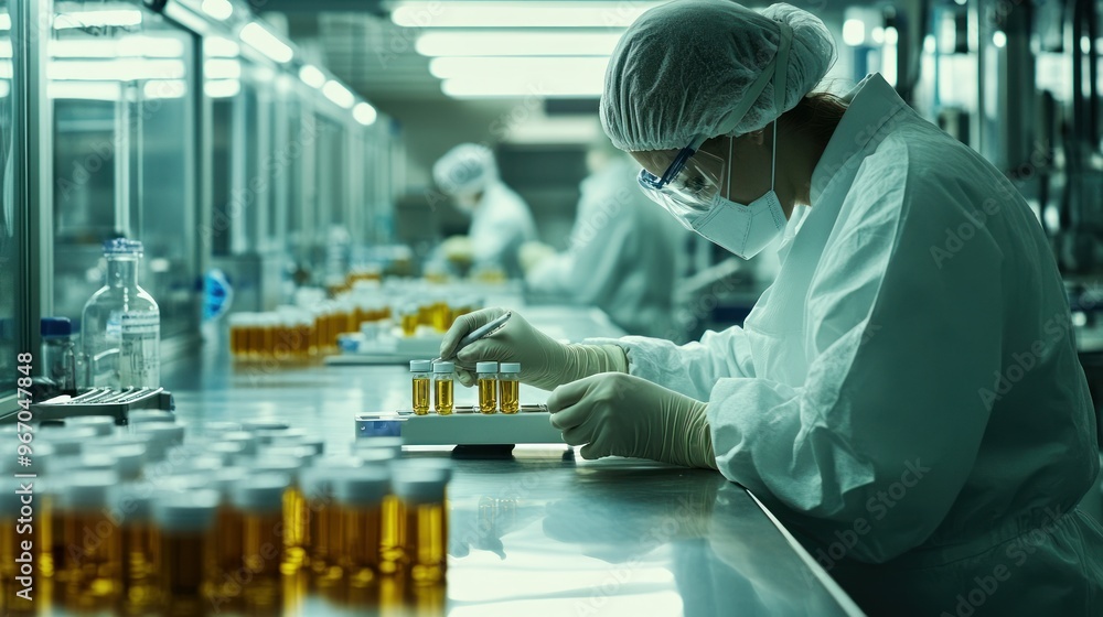 Poster a scientist working in a laboratory with glass vials and a pipette