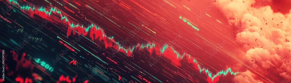 Poster dynamic financial chart displaying stock market trends with vivid colors and intense fluctuations, s