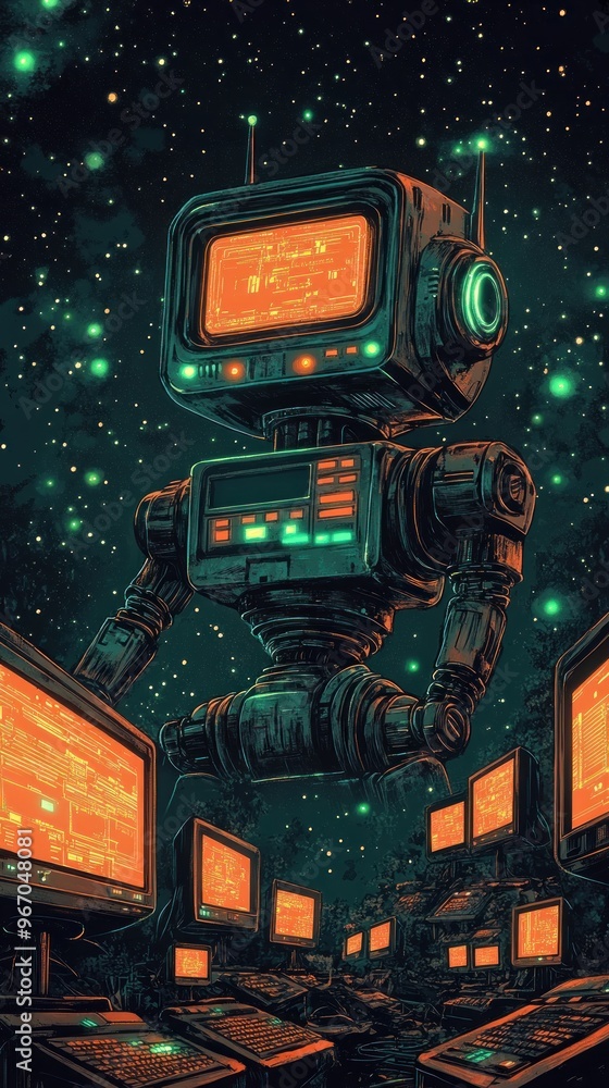 Poster retro robot overseeing a network of vintage computers in a starry night