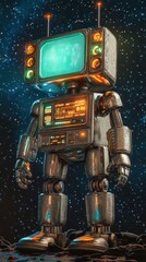 Fototapeta premium Retro-Futuristic Robot with Television Head Against a Starry Sky
