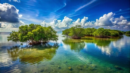 Naklejka premium Vaca Key's coastal charm is enhanced by the soothing merging of tranquil ocean waters and lush mangrove trees,