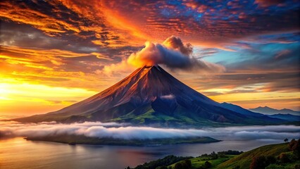 Volcano mountain and sunset over the mountains, eye level view