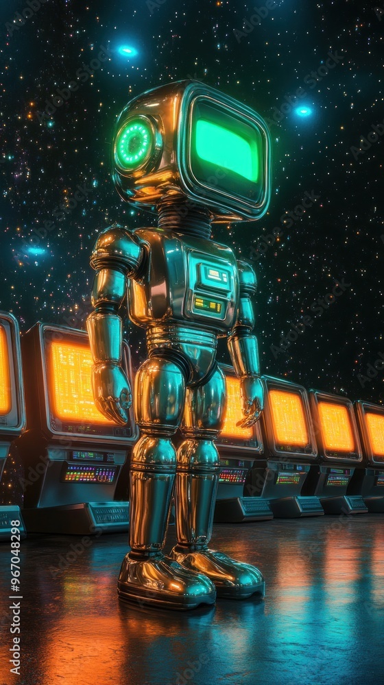 Poster retro robot with a green screen head standing in front of vintage computers against a starry sky