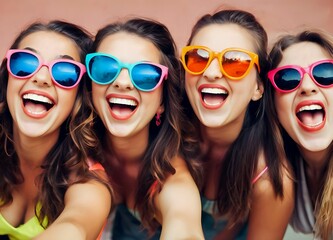 Fun young women group of friends wearing sunglasses laughing with fun. Girls long time friendships invaluable part of life, good friends having fun improve mental well-being