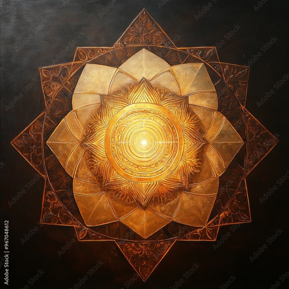 Wall mural A golden geometric mandala with a central circle radiating light, surrounded by intricate patterns.