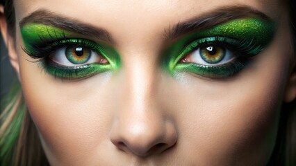 Obraz premium Vibrant green eyeshadow shines brightly on her eyelids, complemented by lush lashes livened up with a swipe of