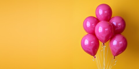 Pink balloons on a yellow background with copy space