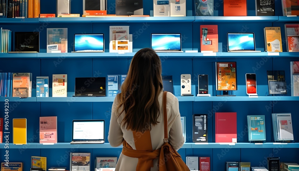 Wall mural woman admiring a store display featuring various items including a laptop, cell phone, and book agai