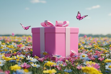 Pink gift box in flower field with butterflies